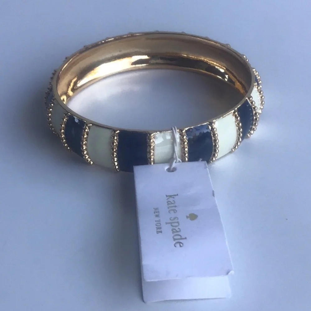 Kate Spade Gold, white ivory and Navy Striped beaded Bracelet chunky bangle - Picture 6 of 16